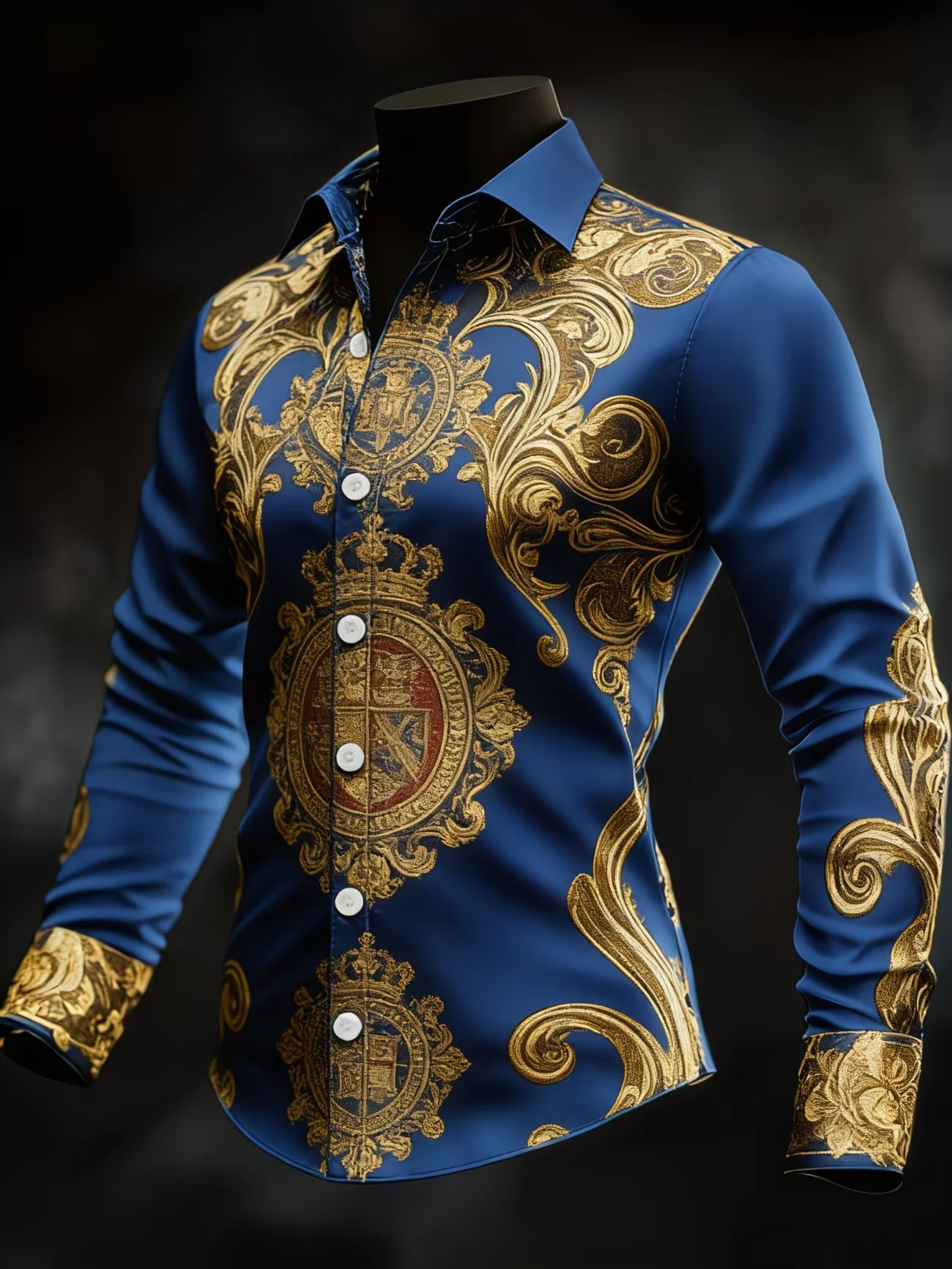 New navy blue gold patterned Baroque men's long sleeved shirt, court style light luxury slim fit business casual shirt