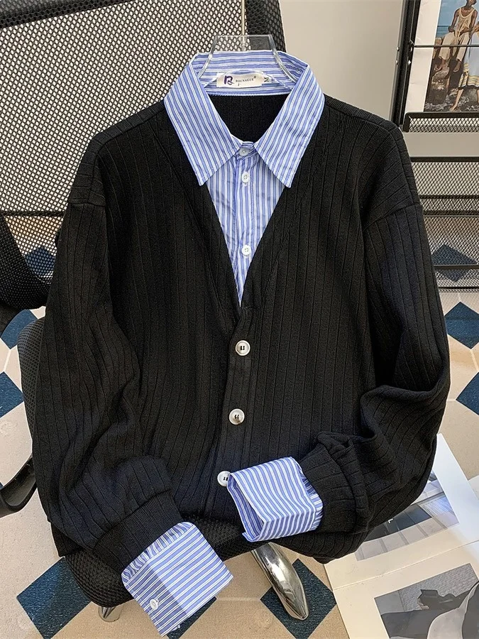 

Мужской повседневный вязаный кардиган с воротником-поло, в полоску, с эффектом двухслойности, в стиле колор-блок, весенний, модный, в расслабленном стиле