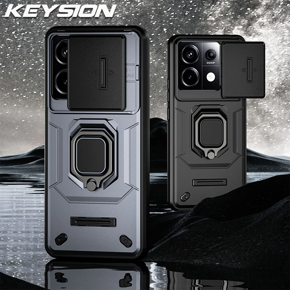 KEYSION Shockproof Case for Redmi Note 13 Pro 4G 5G Slide Camera Lens Protection Ring Stand Phone Cover for Xiaomi POCO M6 Pro