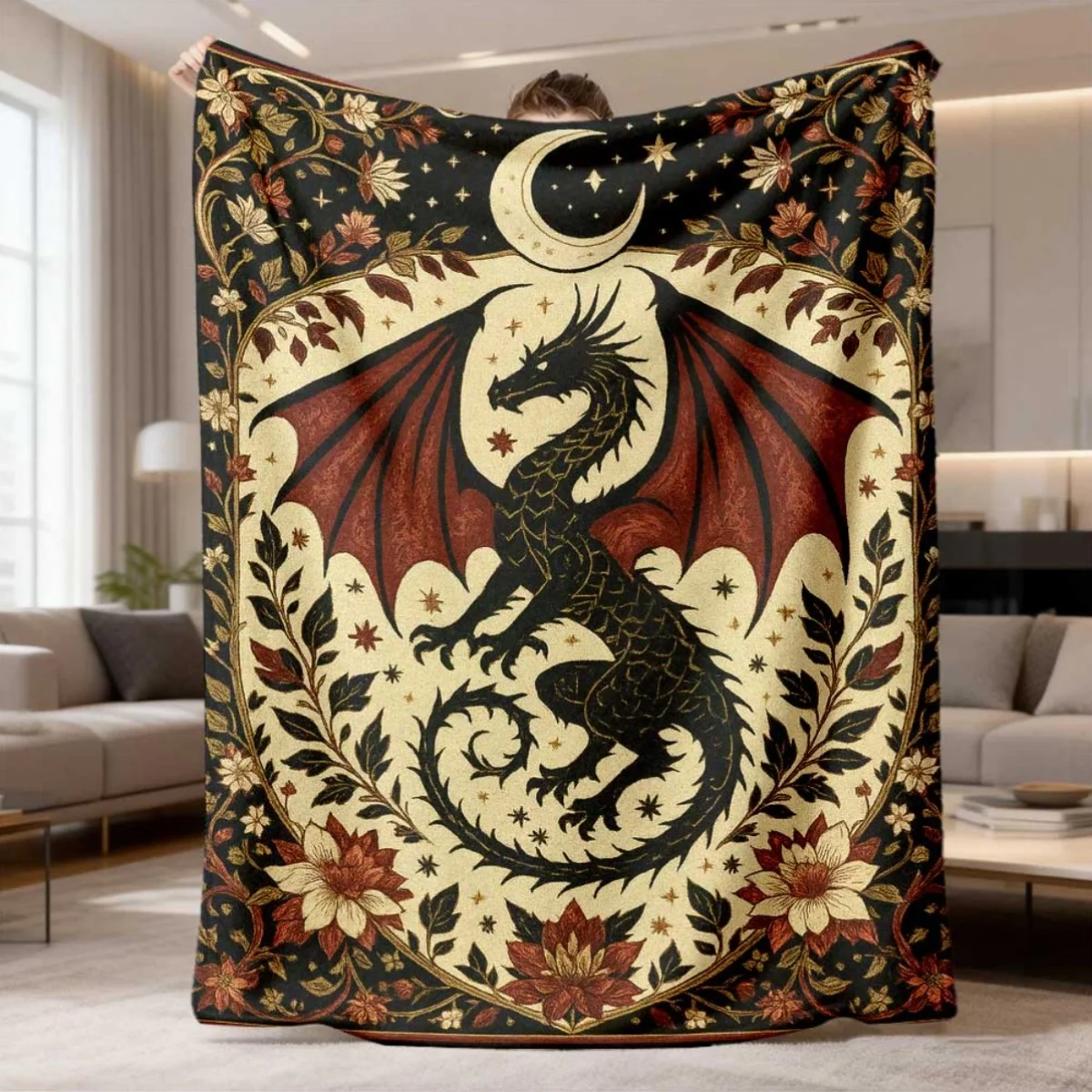 Vintage Black Red Dragon Moon Star Floral Border Print Flannel Throw Blanket, Soft Warm Sofa Cover, Fantasy Witch Bedroom Gift