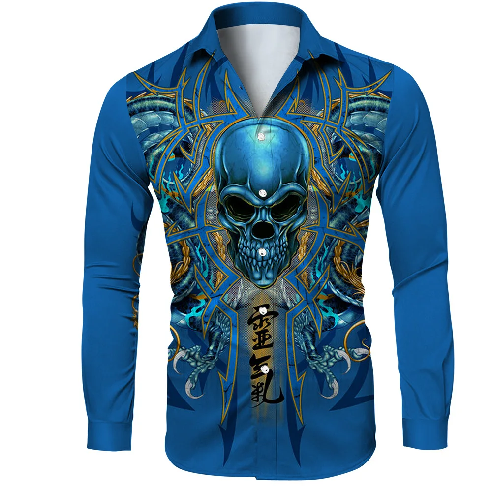 

PLstar Cosmos Halloween Flame skull 3D Printed Fashion Men's Long Sleeve Button Down Shirts Spring Mens Casual Lapel Shirt