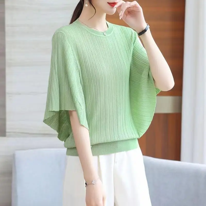 

Women's Round Neck 2024 Summer Korean Simplicity Commute Solid Color Patchwork Ruffles Loose Knitted Flying Sleeve T-shirts Tops