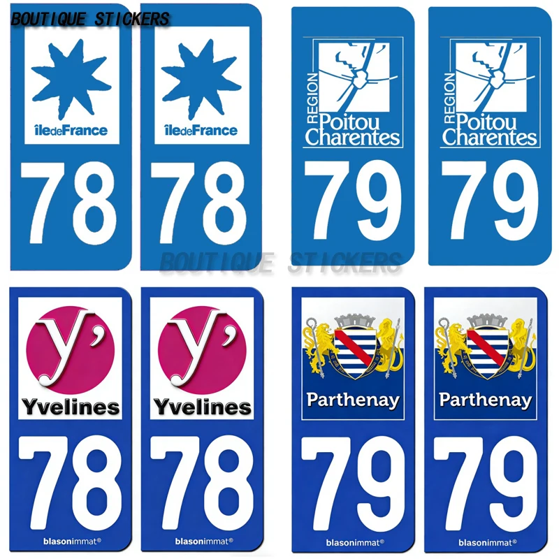 

2Pcs Autocollant plaque d'immatriculation française noir bleu 78 Yvelines-Département 79 Parthenay-Ville Waterproof PVC sticker