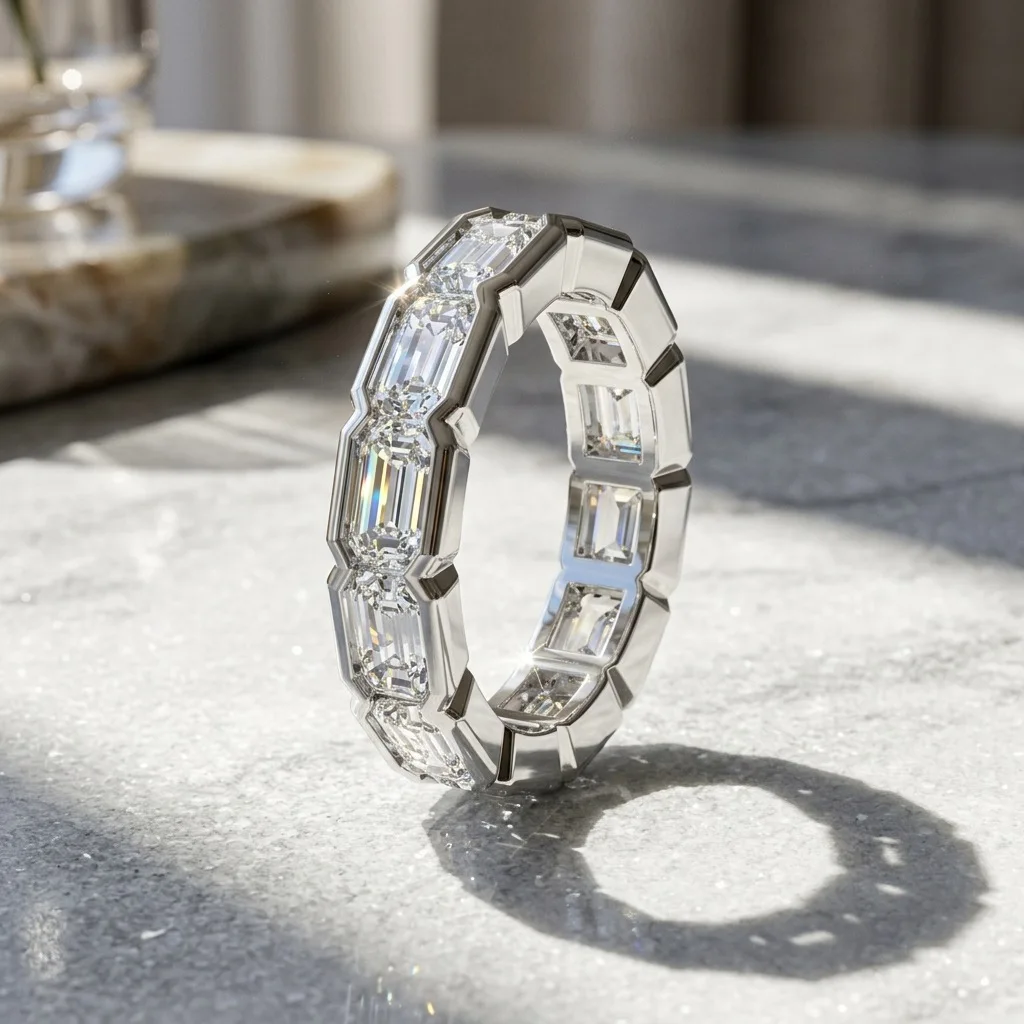 

3x5mm Emerald Cut Moissanite Eternity Ring S925 Silver 18K Gold Plated Full Stone Wedding Band For Women Size 5-9