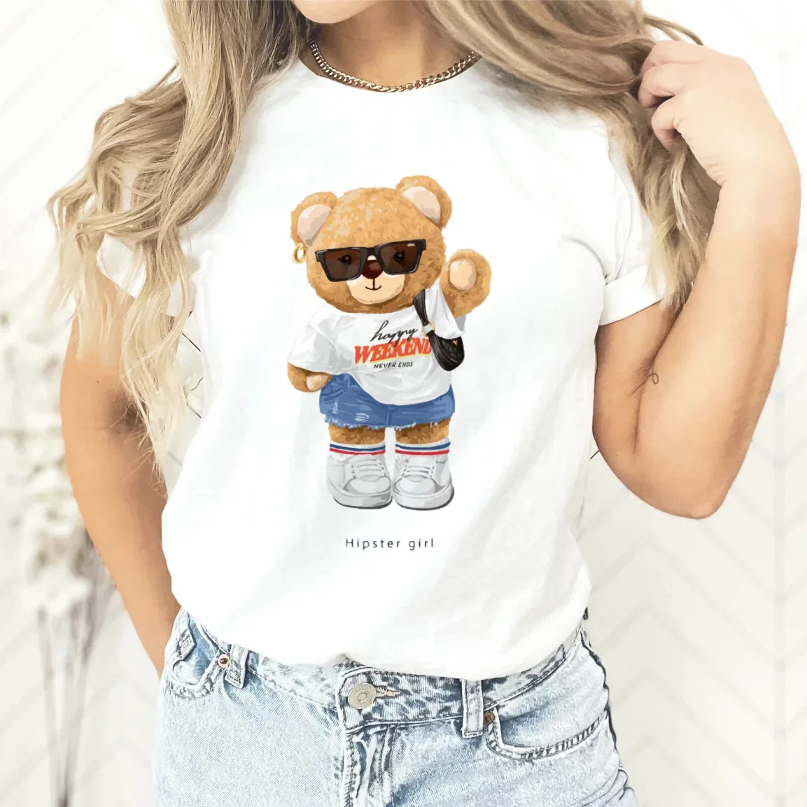 Cool Teddy Bear Print T-shirt Crew-neck Casual Top Summer Women's Wear Graphic T Shirts  Oversized T Shirt  Tops