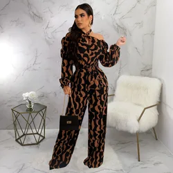 Women Printed Long Sleeve Halter Jumpsuit with Belt Women Rompers One Piece Overalls Night Club Outfits