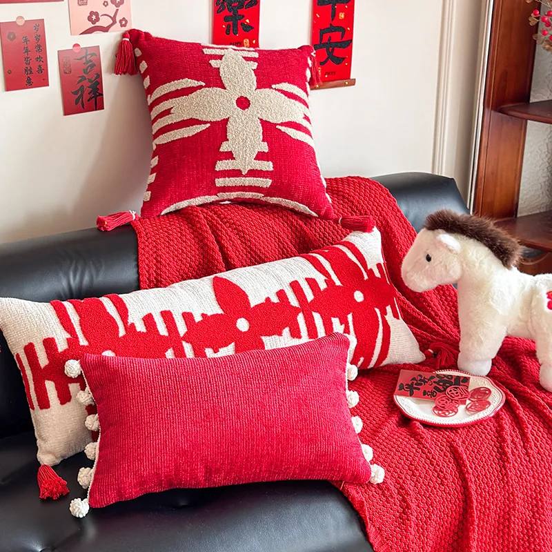 45x45/35x90CM New Year Red Throw Pillow Cover Retro Tassel Stamping Waist Cushion Cover Decor Home Decorative Pillowcase