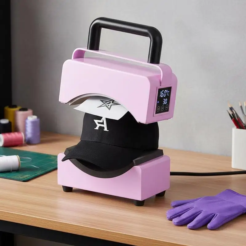 Mini Prensa Térmica para Gorras Presenta una placa calefactora curva de 5.9x3.15 pulgadas, base de seguridad y guantes, apagado automático, color morado.