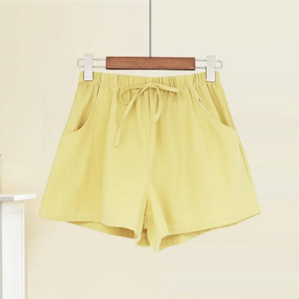 Summer Women Shorts Drawstring High Elastic Waist A-line Solid Color Loose Side Pockets Pleated Casual Homewear Sports Short Pa