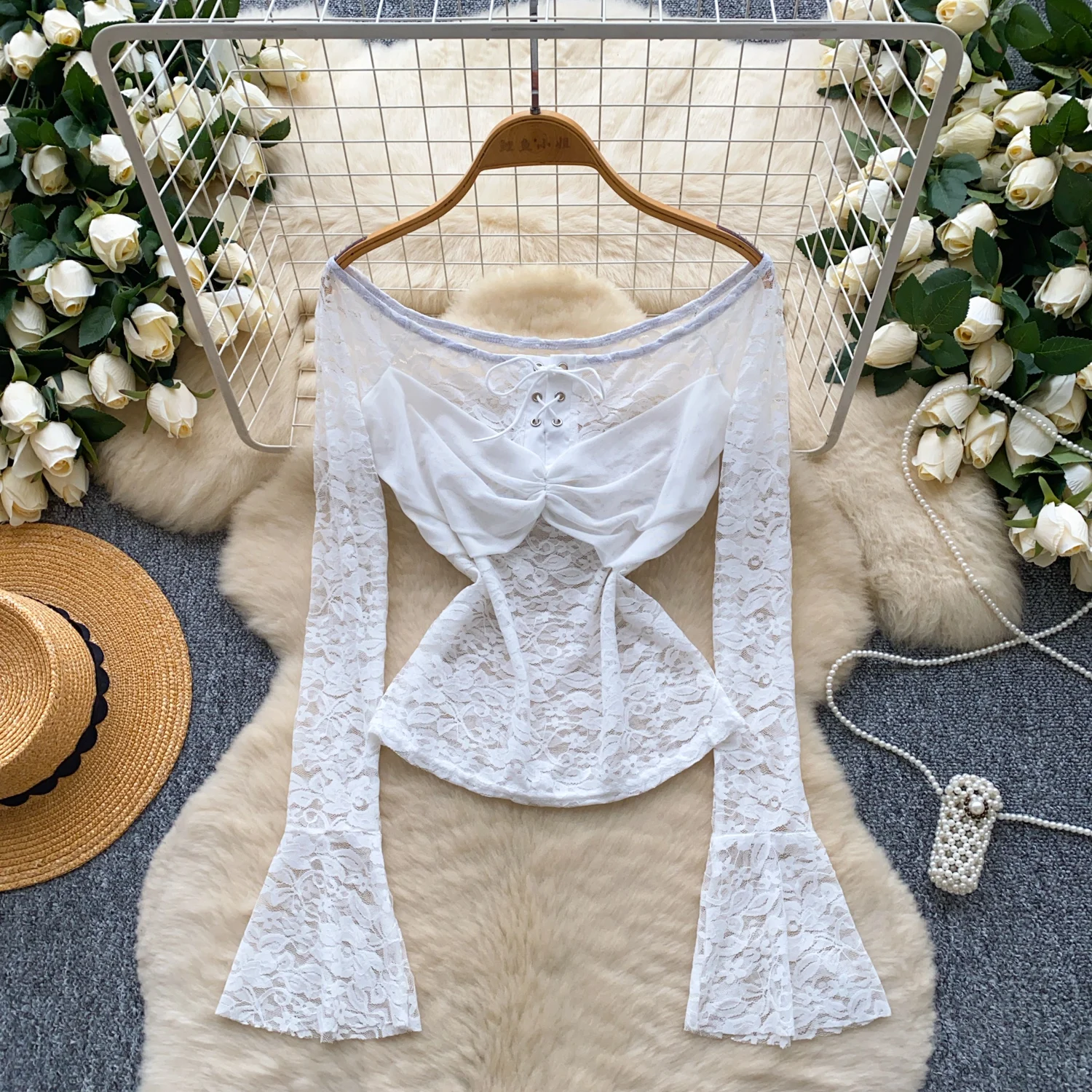 

Женские кружевные зимние топы с расклешенными рукавами на шнурке, женская модная тонкая женская милая лоскутная фестивальная вечеринка, праздничный пуловер, футболка