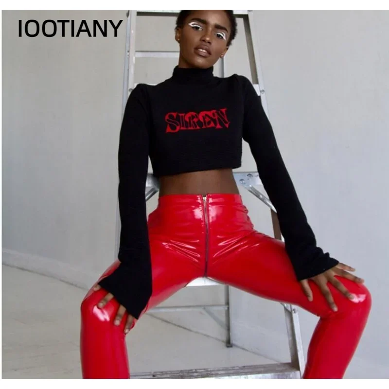CosplaySexy أحمر أسود بولي PU فو الجلود بناطيل ضيقة مفتوحة المنشعب طماق المرأة سستة مفتوحة المنشعب سليم بنطلون