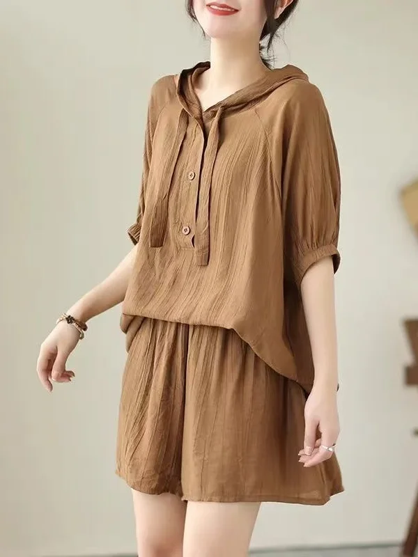 

plus Size Casual Thin Short Sleeve Hoodie Set Wide Leg Shorts Fashionable Summer Two Piece Set Comfortable High Waist Shorts