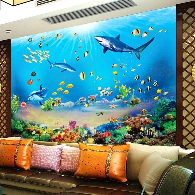 Aquarium Fish Restaurant - วอลล์เปเปอร์ที่กำหนดเอง HD โลกใต้น้ำฉลามปลาเขตร้อน 3D ภาพจิตรกรรมฝาผนังพิพิธภัณฑ์สัตว์น้ำสีฟ้าห้องนั่งเล่นพื้นหลังทีวีห้องนอนร้านอาหาร