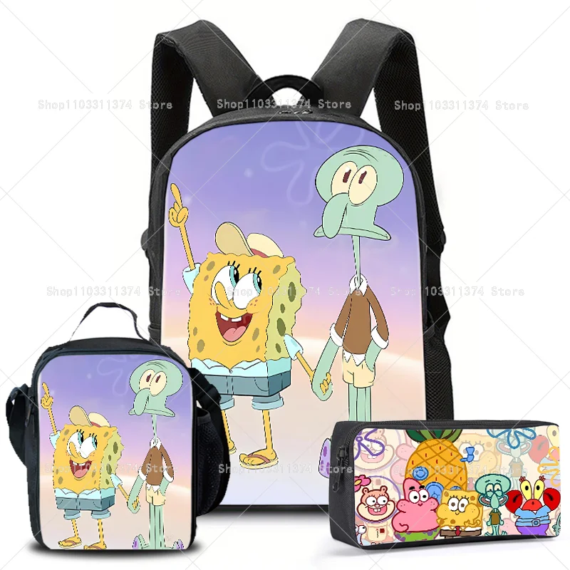 SpongeBobs Backpack Lunch Pack Pen Case 3pcs Set Cartoon Schoolbag Student Square Shoulder Bag Boys Girls Fashion Pencil Bags
