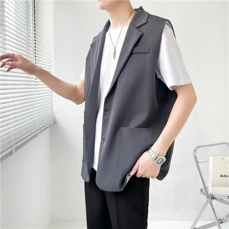 Grey Black Suit Vest Men Fashion Social Mens Dress Vest Korean Loose Sleeveless Blazer Mens Jacket Office Formal Vest M-2XL