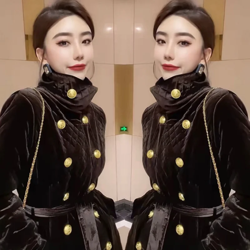 

Fashion padded women's autumn and winter new high-neck design double-breasted velvet thickened coat