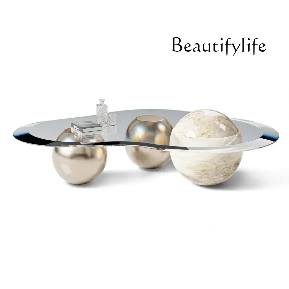 

Living room furniture American brass coffee table marble glass top hotel living room side table