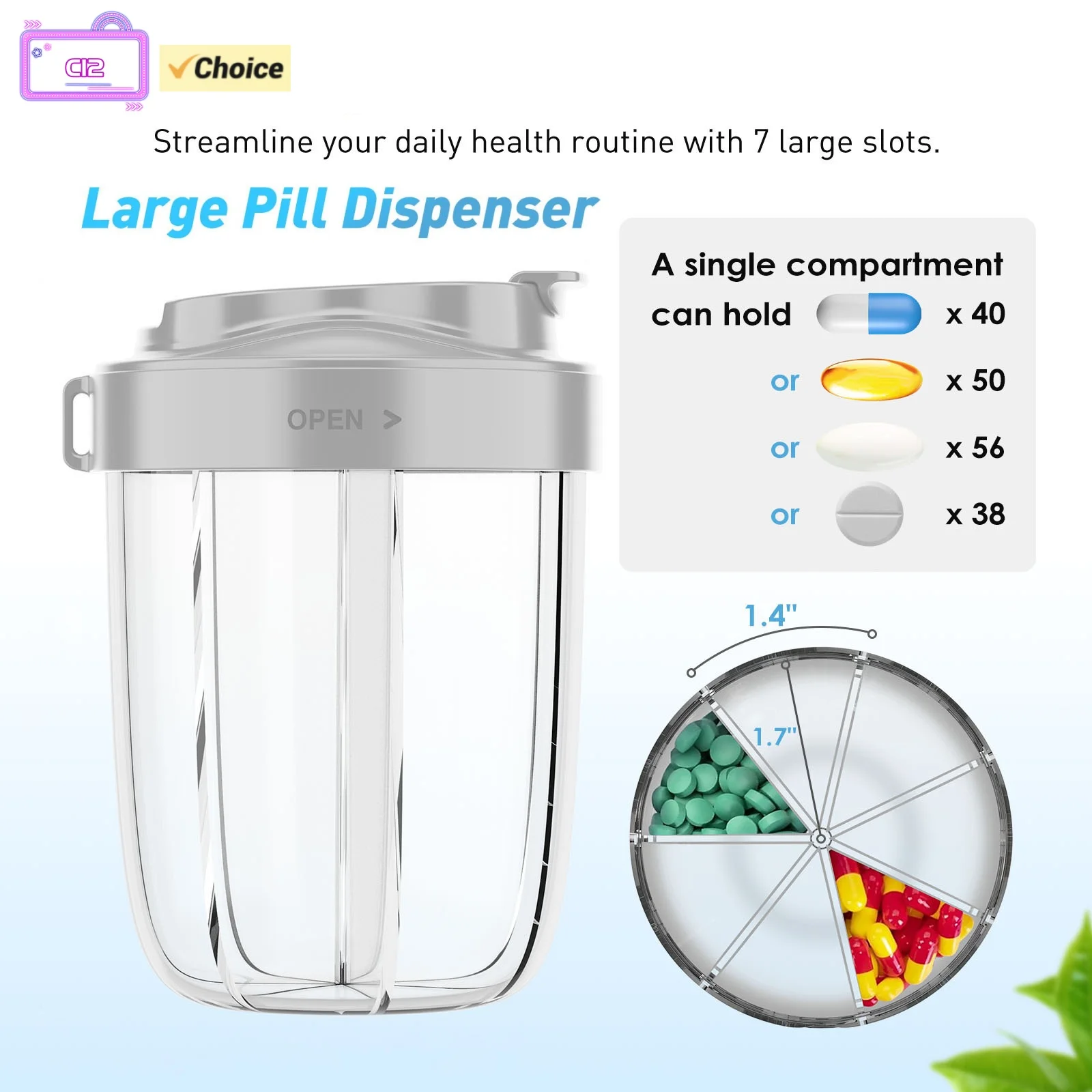 

Один большой ящик для таблеток, 7 сеток, органайзер для бутылок, герметичный дозатор витаминов для лекарств, портативный контейнер для хранения чашек для таблеток для путешествий