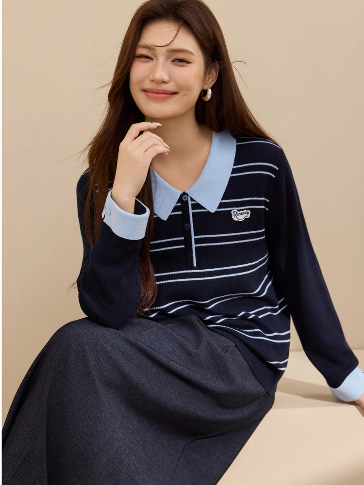 Pull en maille color block coréen style universitaire grande taille pour femme, nouvelle collection printemps, coupe ajustée, manches longues, col rond