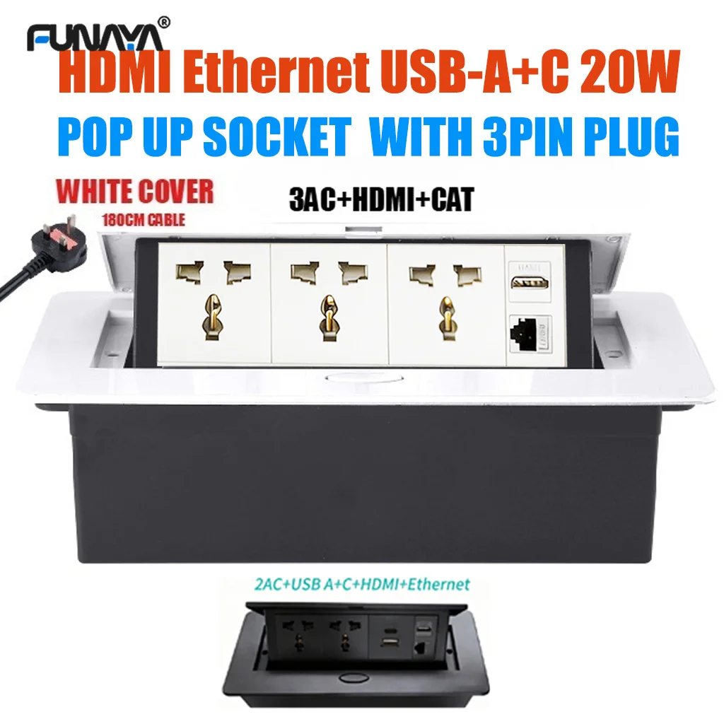 

FUNAYA Universal Pop Up Hidden Recessed Socket with Plug USB Ethernet Outlets RJ45 HDMI Ports Power Desktop Built-in Sockets