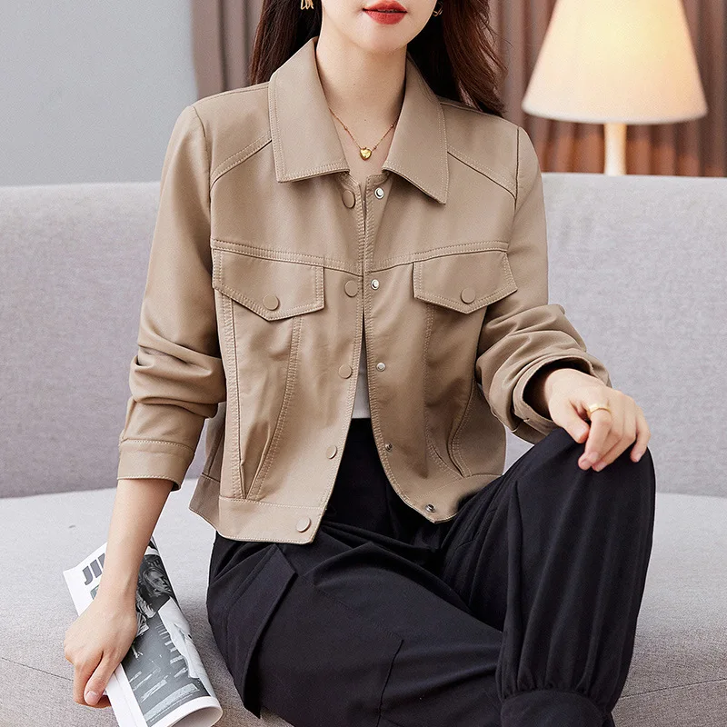 Small leather jacket for women in spring 2024, new small and versatile fashion casual high-end cotton sheepskin jacket