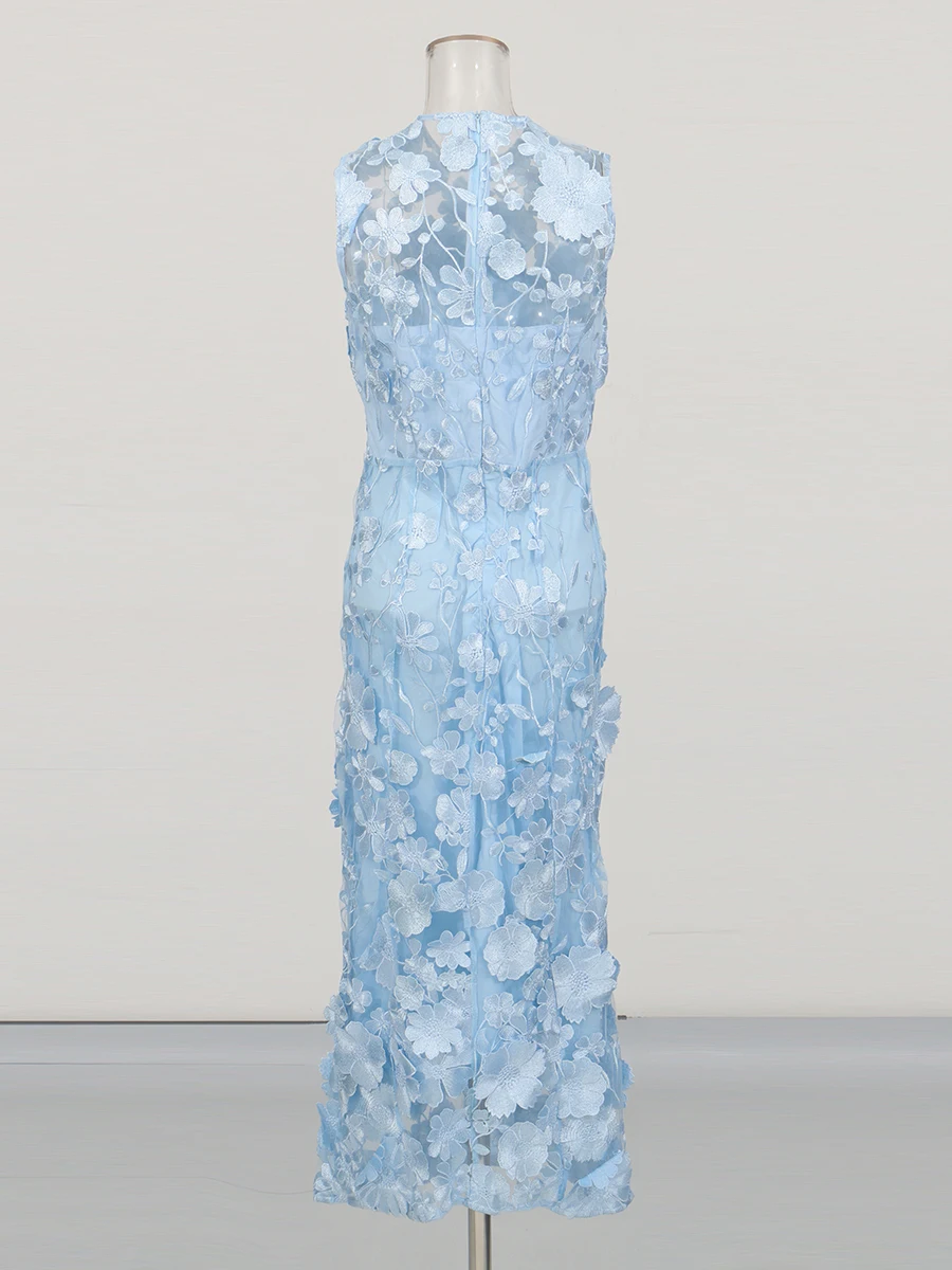 CHICEVER Solido Elegante Impiombato Appliques Abiti per Le Donne Girocollo Senza Maniche A Vita Alta Sheer Temperamento Abito Femminile Nuovo