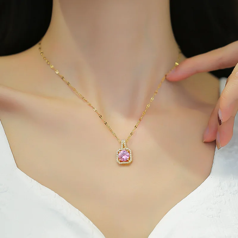 LUCKY99 Korean Fashion Geometric Square Full Smart Zircon Pendant Necklaces For Women Female Elegant Cute Party Jewelry Gift