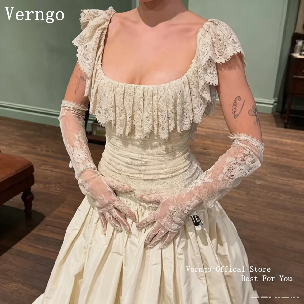 

Verngo Luxurious Boho Wedding Dresses Lace Applique A-Line Wedding Gowns Long Square Bride Dress vestidos de novia Customized