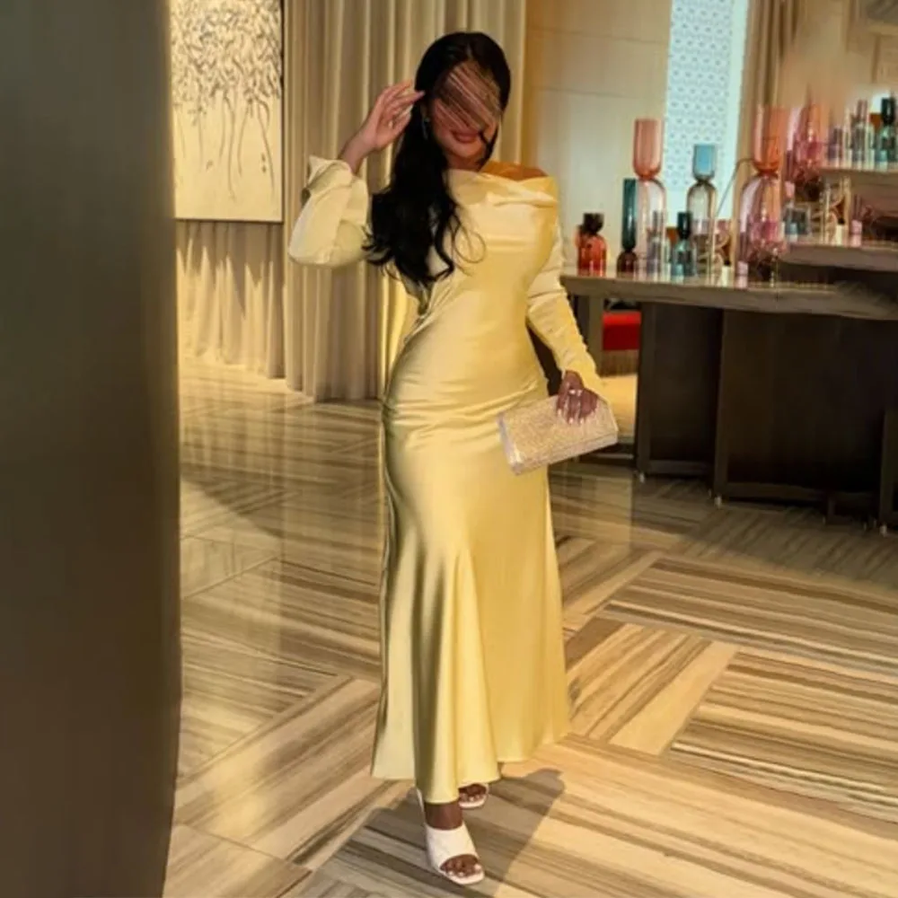 

High Quality Customized Strapless Ankle Length Yellow Full Sleeves Women Robe Pour Mariage Invité Evening Dresses فساتين حفلات
