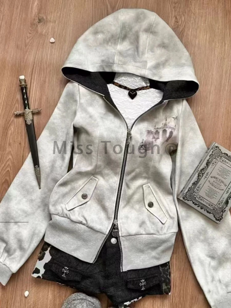 Autumn Design Y2k Long Sleeve Zipper Coat Women High Street Chic Slim Grey Hooded Hoodie Winter Casual Natural Solid Hoodie New