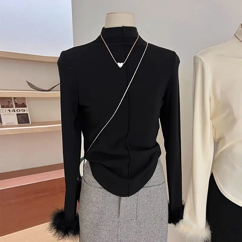 

Half Turtleneck Grinding Bottom Shirt for Women in Autumn and Winter Slim T-shirt Design and Inner Top Trendy