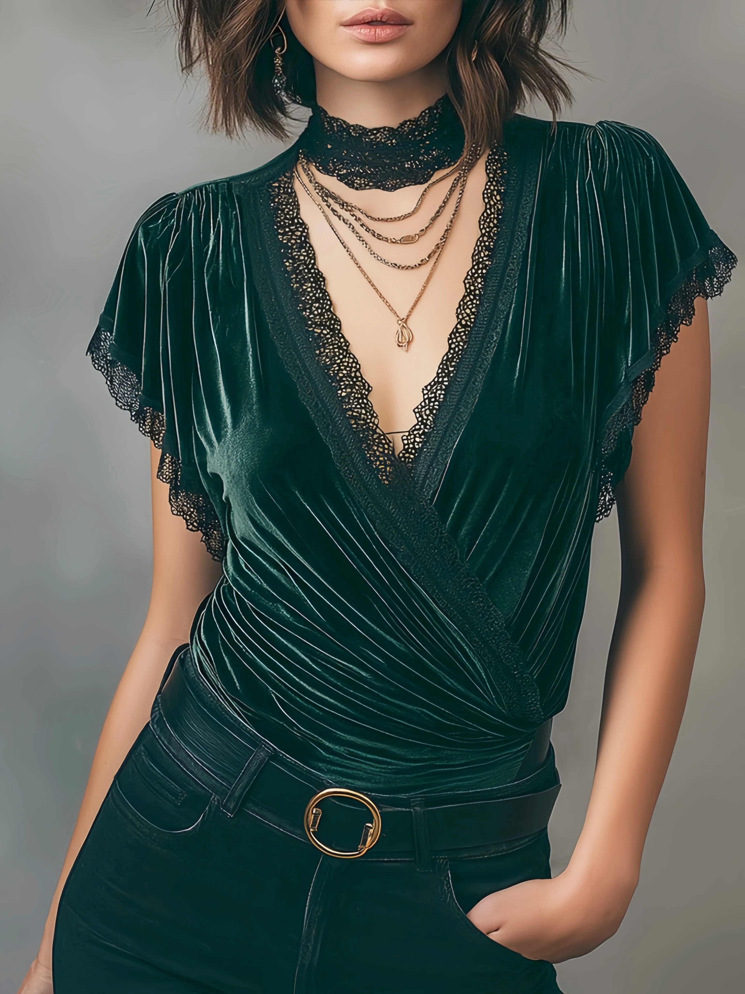 Women’s Retro Velvet Top, Sexy V Neck with Lace Patchwork, Cross Ruched Detail, Short Sleeve Fashion Blouse