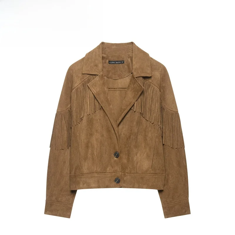 Fashionable Tassel Trim Jacket Women's Short Outerwear Velvet Texture Effect Long Sleeve Polyester Fiber Button Closure