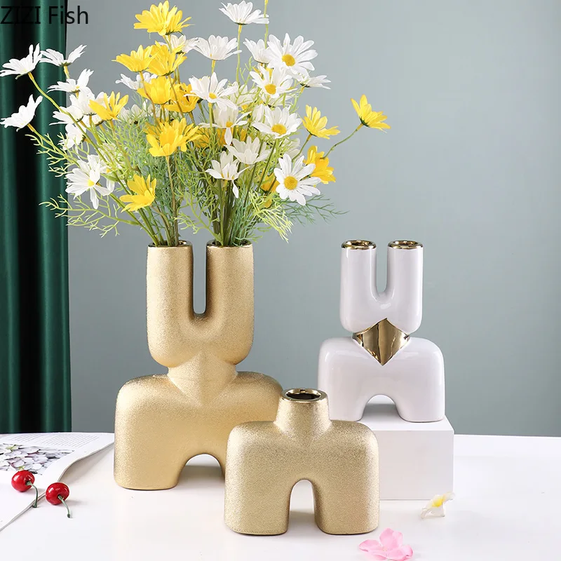 Gold-plated Geometry Ceramic Vase Desk Decoration Flower Arrangement Flower Pots Modern Floral Vases Room Aesthetic Decor