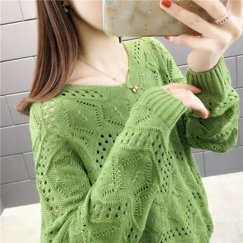 Spring Autumn Korean Style Sweet Solid V-neck Hollow Out Jumper Women Elegant Fashion All-match Pullover Sweater Female Clothes