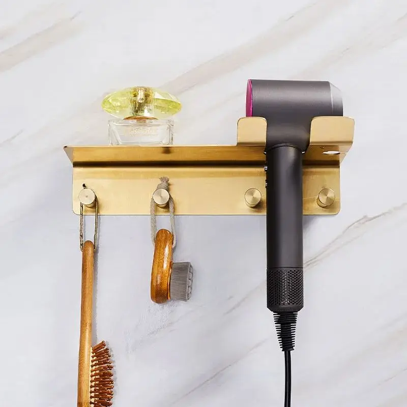 Escovado Ouro Latão Secador de Cabelo do Banheiro Rack Suporte do Secador de Sopro Prateleira de Banho de Parede Acessórios Domésticos