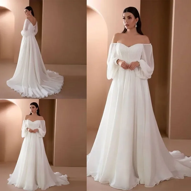 

Women Elegant Wedding Evening Dress Puff Long Sleeve Sexy Off Shoulder V-Neck Ruched White Maxi Floor Length Slim Gown