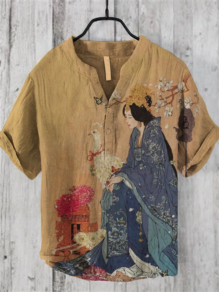 Men\'s casual fashion assassin print Chinese style linen short sleeved shirt loose fit V-neck top