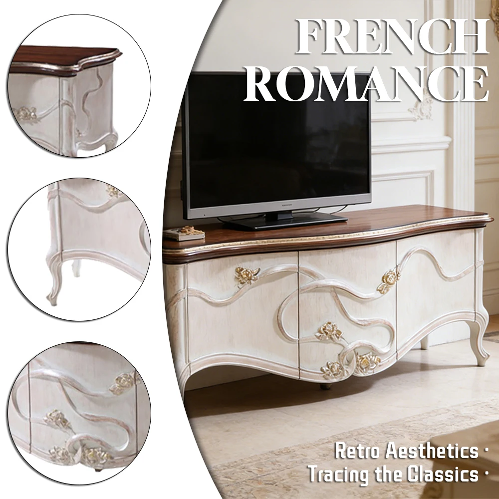 !@Classical Furniture Cherry Wood Veneer TV Cabinet Hand-carved Rose Motifs Solid Wood Frame Latest Design TV Stands