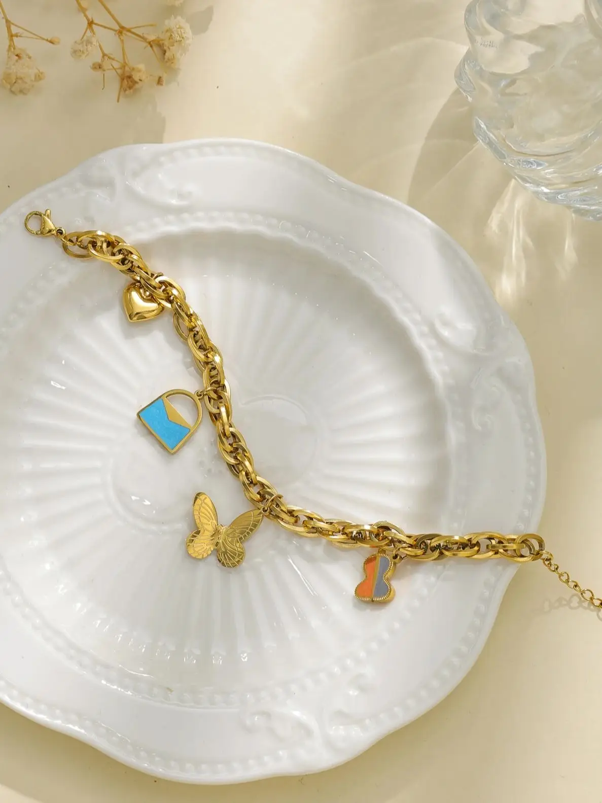 Classy Cute Pendants Stainless Steel Chain Bracelet 18K Gold Plated Fashion Jewellry Elegant Women\'s Bracelet
