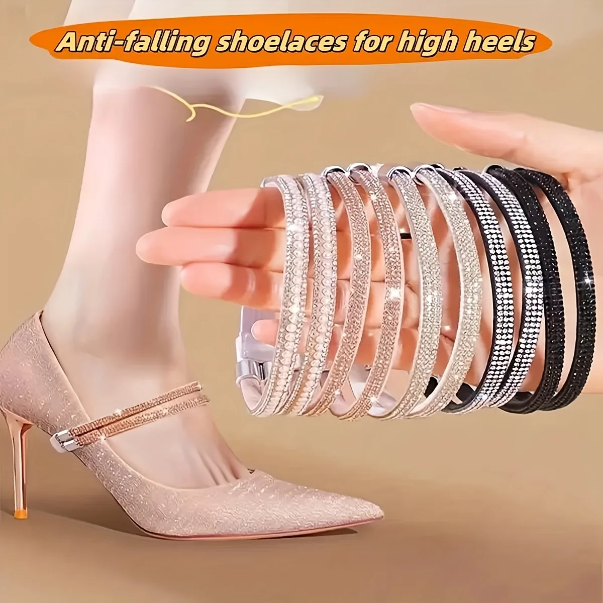 1Pair Rhinestone High Heels Shoes Band Anti-loose Women Diamond Shoelaces Anti-drop Heel Straps Belt Drill Elastic Fixed Belts