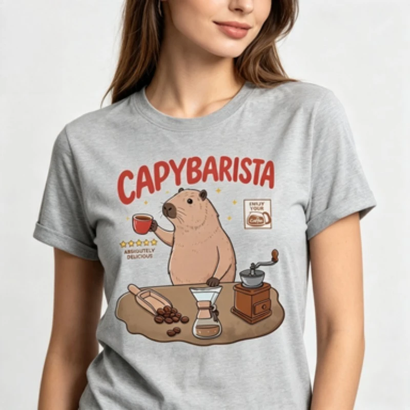 Coffee Lover Women Cotton Tshirt Funny Capybarista Capybara Making Graphic Retro Cute Animal Daily Casual Short Sleeve Tees