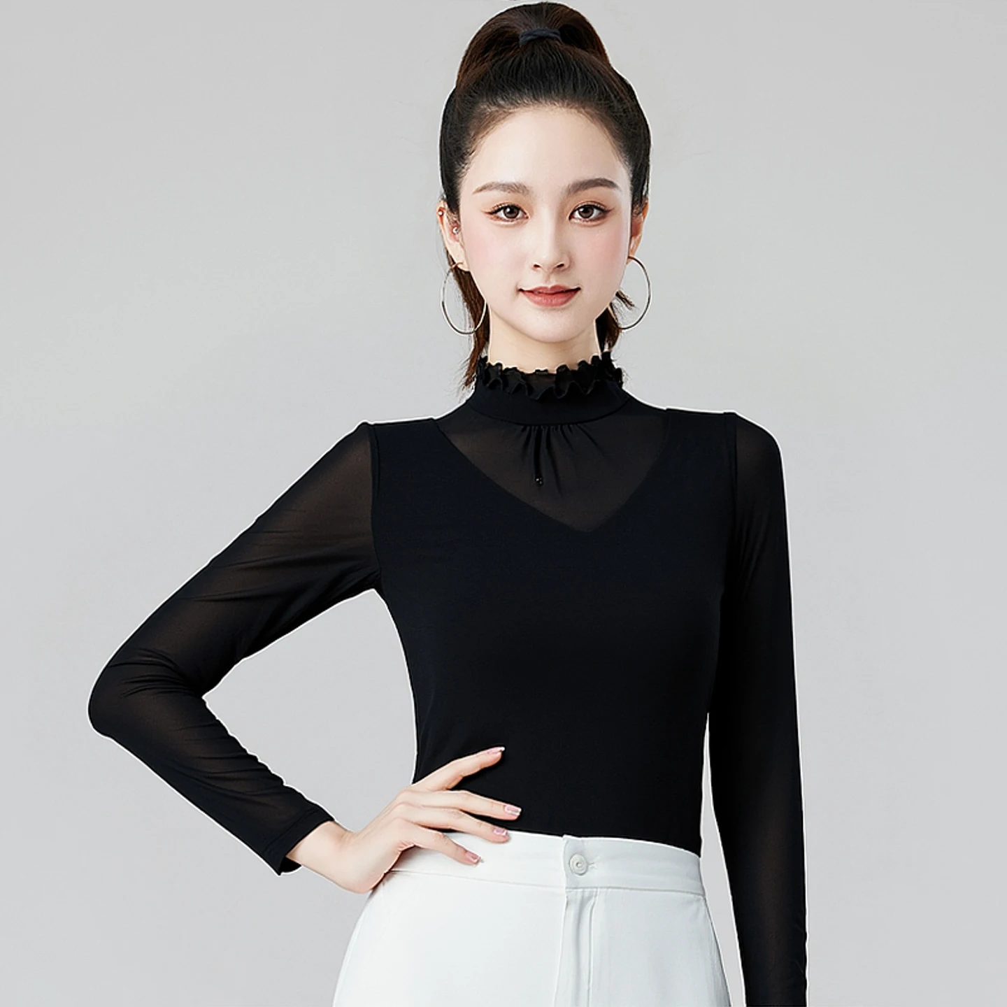 Haut de danse latine à manches longues pour femmes, col en v, haut de danse moderne pour adultes, Rumba, vêtements de danse de salle de bal, vêtements d'entraînement, nouvelle collection, DW11084