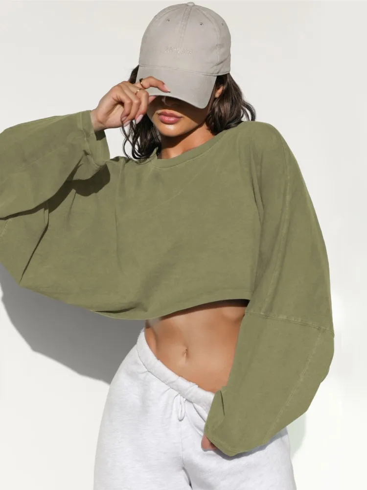 

Однотонный укороченный топ с круглым вырезом, осенняя женская одежда, короткий спортивный вязаный повседневный свободный пуловер с длинными рукавами, топ