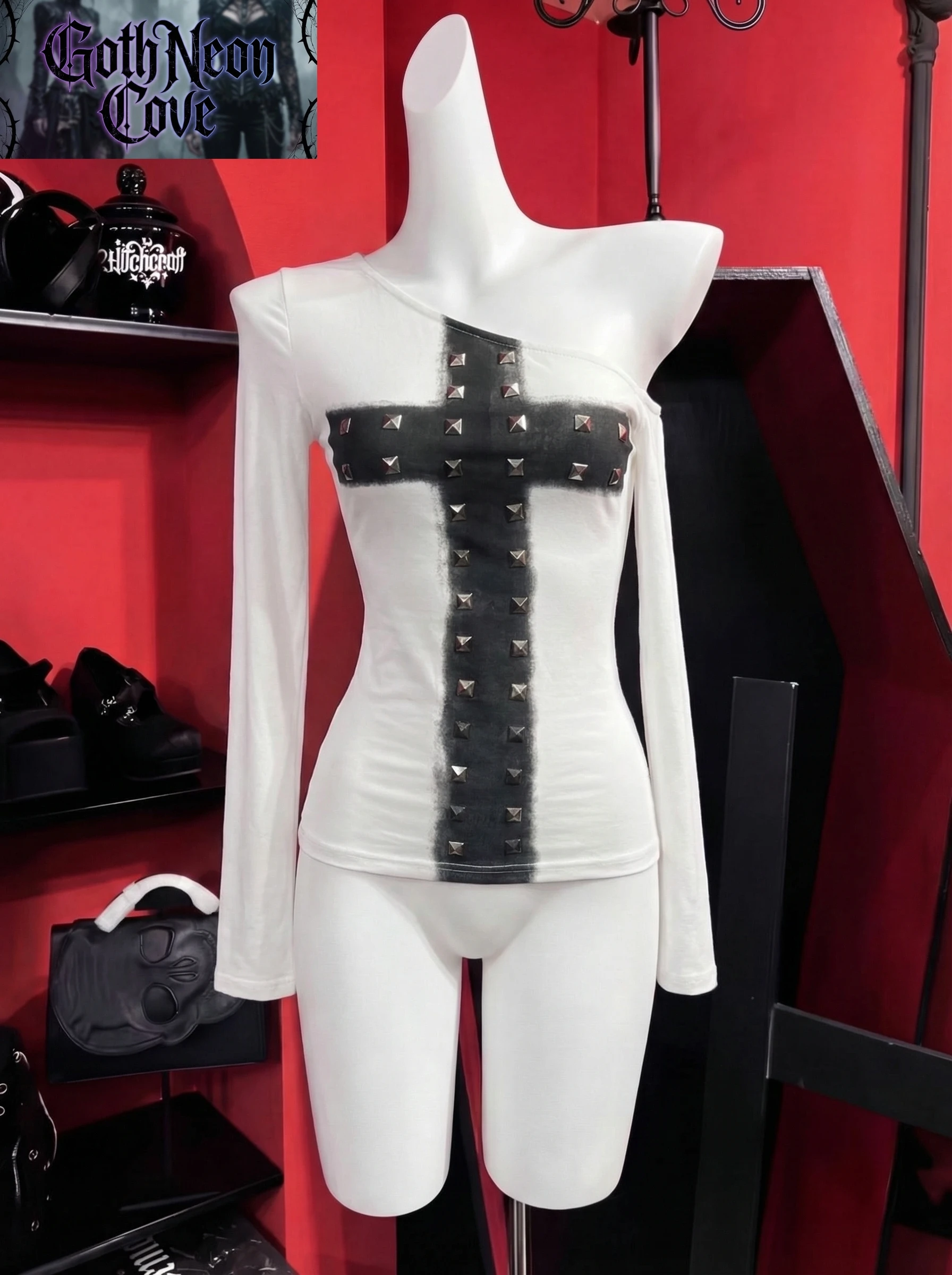 

Gothic Y2K Women's Long-Sleeve T-Shirt Sexy Slim Chic Trendy Cross-Print Asymmetrical Neck Top Grunge Harajuku Female Streetwear