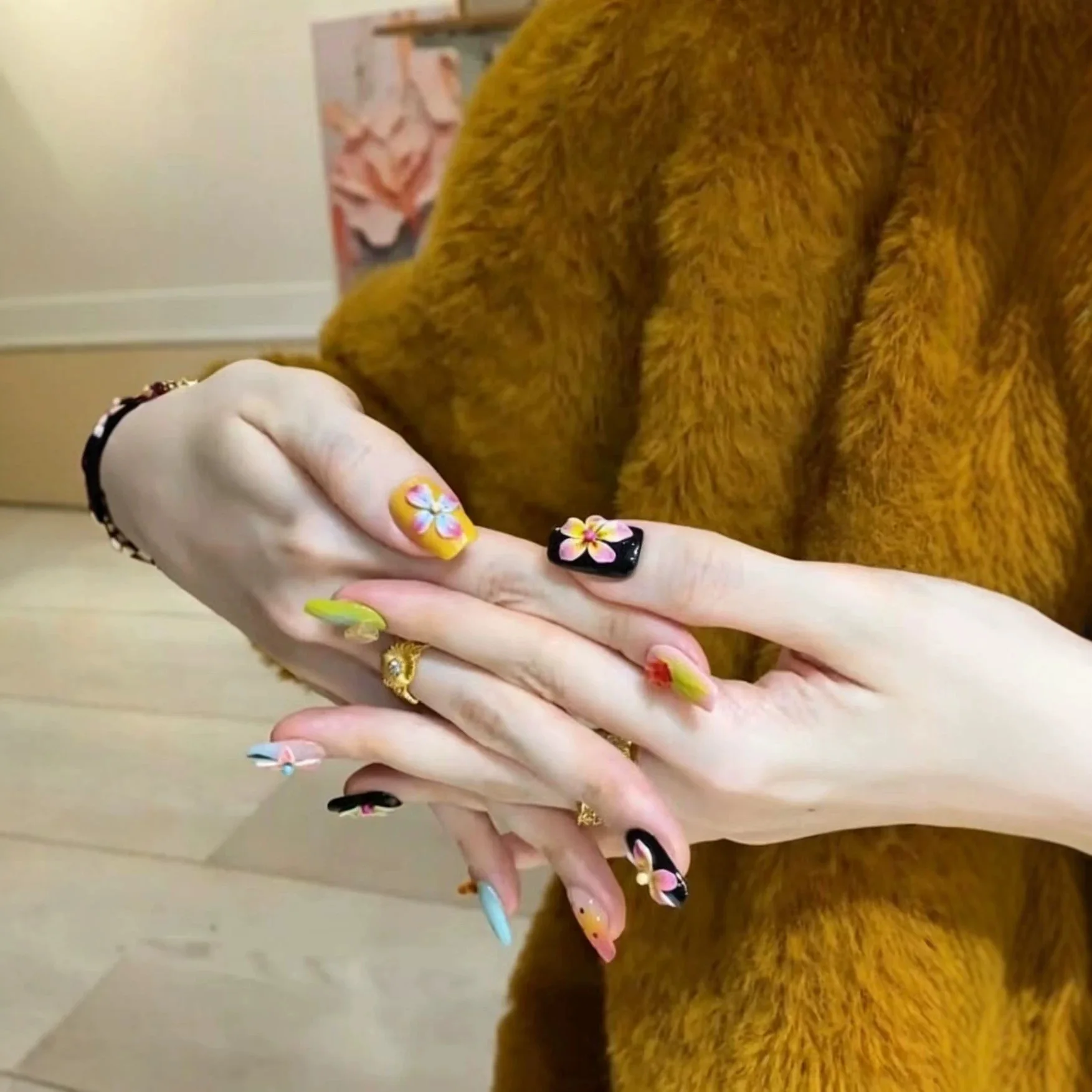 10pcs Handmade Middle Square Press On Nails Gradient Blending 3D Cavring Flower Design Sweet Cool Fake Nails Wearable Spice Girl