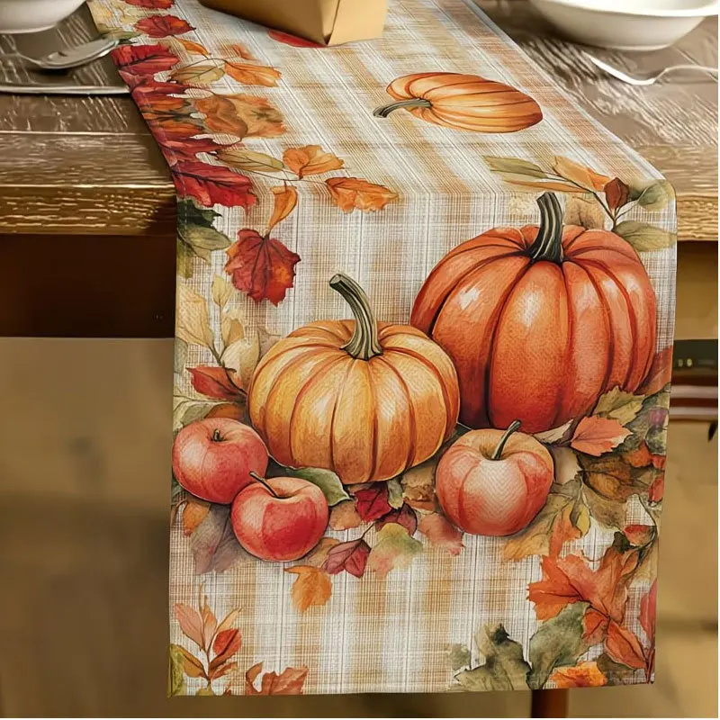Linen Table Runner Blue Pumpkin  Maple Leaf Print on White Wood Thanksgiving Dining Table Decor