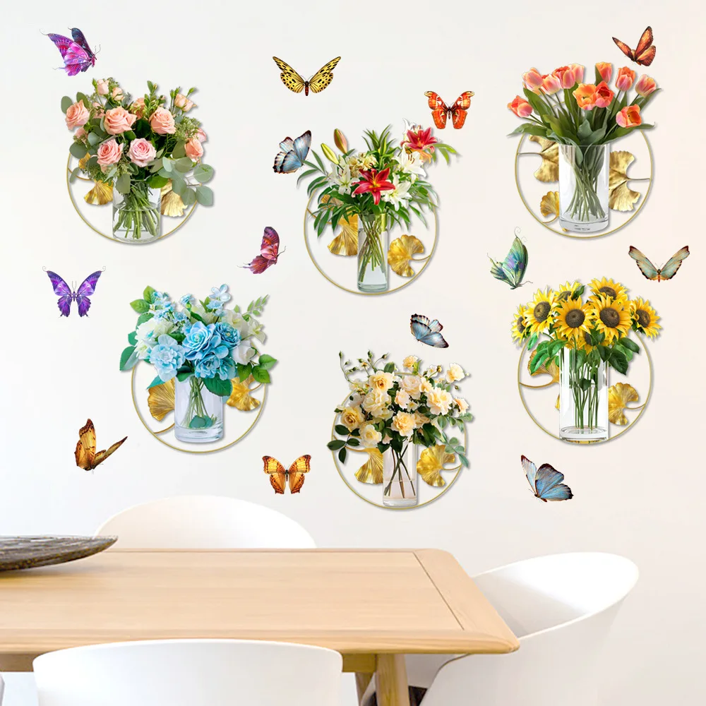 2pcs Watercolor Flower Vase Couplet Painting Glass Window Home Beautify Decoration Electrostatic Uv Window Sticker