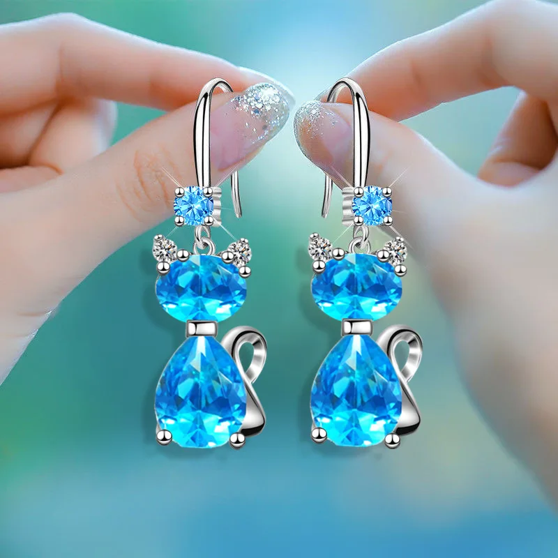 New Fashion 925 Sterling Silver Jewelry Earrings For Women Delicate Blue Zircon Cute Cat Eardrop Girl Birthday Accessories Gifts