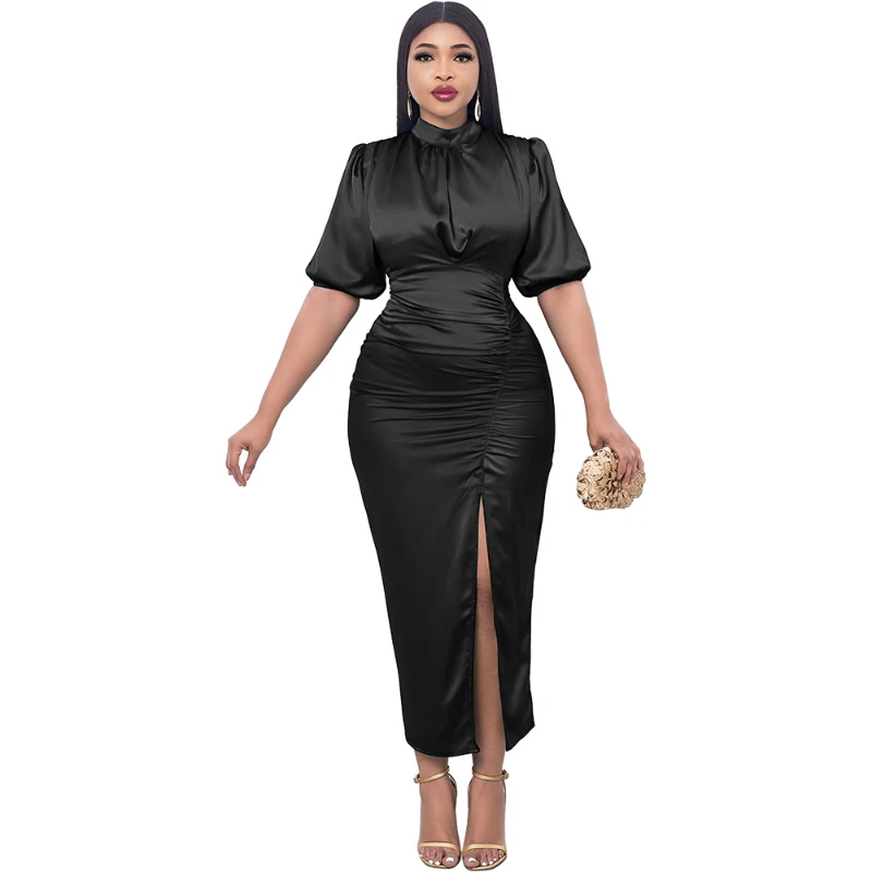2023 Muslim Islam Abaya African Women's High-necked Tight-fitting Skirt Elegant High Split Pleated Dress for Europe and America